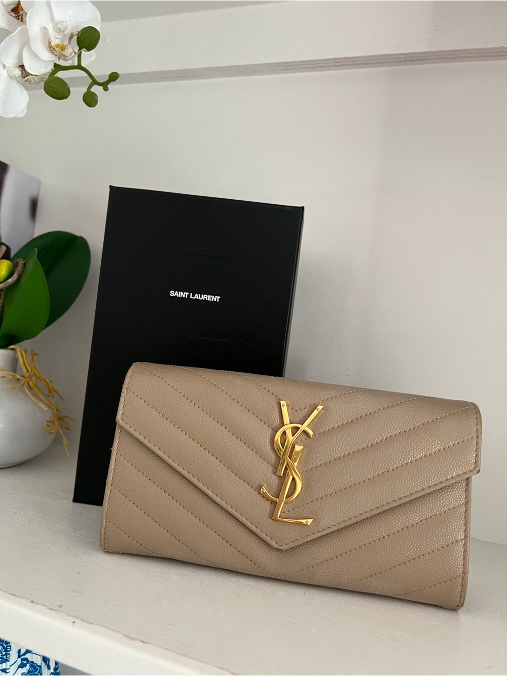 Saint Laurent Cassandra Quilted Leather Large  Envelope Wallet Dark Beige